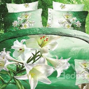 New Arrival High Quality 100% Cotton Thriving Blooming Lily Reactive Print 4 Piece Bedding Sets