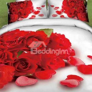 New Arrival Top Class 100% Cotton Bunch Roses Heart Shape Reactive Print 4 Piece Bedding Sets