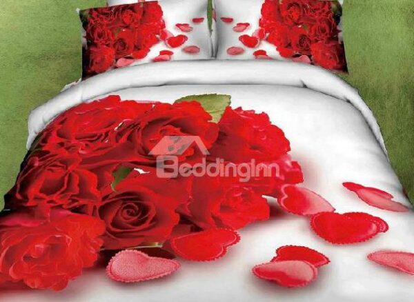 New Arrival Top Class 100% Cotton Bunch Roses Heart Shape Reactive Print 4 Piece Bedding Sets