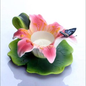 Romantic Lily Shaped Relief Sculpture of Butterfly Candle Holder