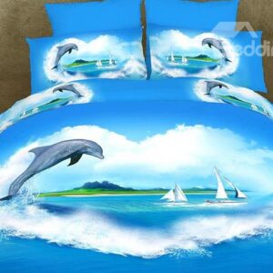 New Arrival Lovely Dolphin Love Reactive Print 4 Piece Bedding Sets