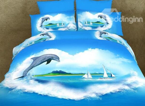New Arrival Lovely Dolphin Love Reactive Print 4 Piece Bedding Sets