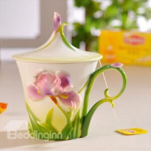 Gorgeous Porcelain Purple Irises Mug with Flower Lid