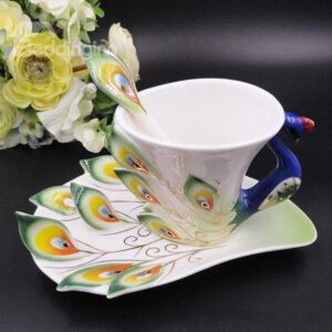 New Arrival Beautiful Porcelain Enamel Peacock Coffee Cup Set