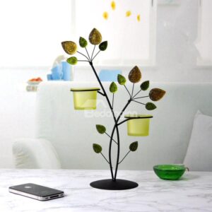 Elegant Wrought Iron Blue Leaves Glass Candle Holder