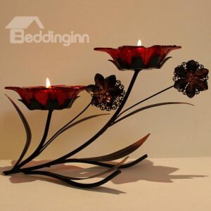 Emulational Glass Flower Head Wrought Iron Vintage Candle Holder with Two Head