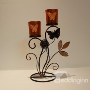 Flower Butterfly Leaves Vintage Wrought Iron Candle Holder
