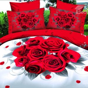 New Arrival High Quality a Bunch of Fire-like Roses Print 4 Piece Polyester Bedding Sets/Duvet Cover Sets