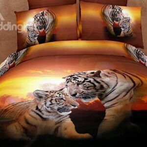New Arrival Top Class Sunset Sweet Couple Tiger Print 4 Piece Bedding Sets