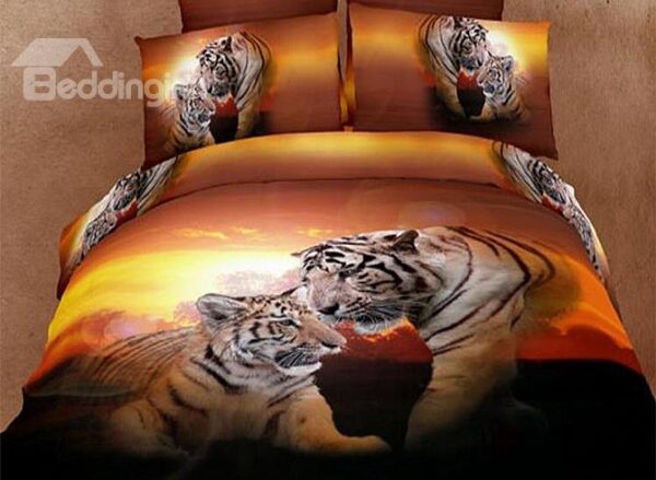 New Arrival Top Class Sunset Sweet Couple Tiger Print 4 Piece Bedding Sets