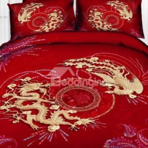 Dragon Print 4 Piece Cotton Wedding Bedding Sets