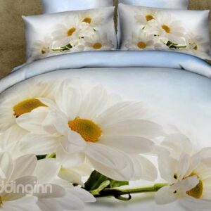White Daisy Print 4-Piece Cotton 3D Duvet Cover Sets