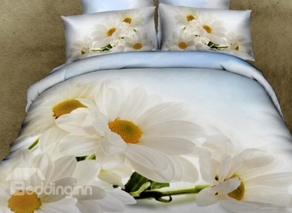 White Daisy Print 4-Piece Cotton 3D Duvet Cover Sets
