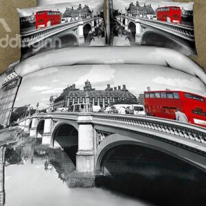 High Quality Gray Color Bridge Scenery Red Bus Print 4 Piece Bedding Sets