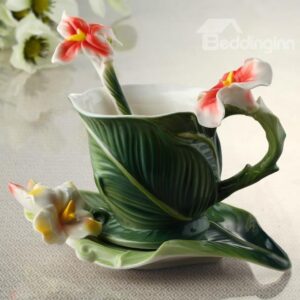 New Arrival Elegant Banana Leaf Style Enamel Porcelain Coffee Cup Sets