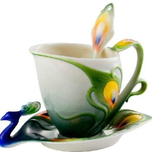 New Arrival Beautiful Peacock Design Green Color Enamel Porcelain Coffee Cup Sets