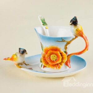 New Arrival Lovely Flower and Bird Design Enamel Porcelain Coffee Cup Sets