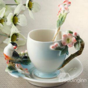 New Arrival Creative Bird and Sakura Design Enamel Porcelain Coffee Cup Sets