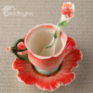 New Arrival Creative Poppy Flower Design Red Color Exquisite Enamel Porcelain Coffee Cup Sets