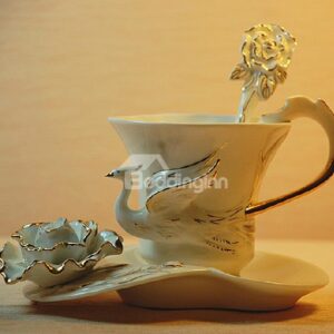 New Arrival Beautiful Glided Phoenix and Flower Design White Color Exquisite Enamel Porcelain Coffee Cup Sets