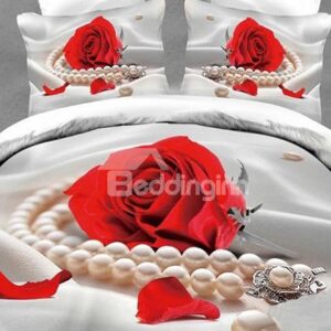 New Arrival High Quality Pearls around Rose Realistic 3D Printed 4 Piece Bedding Sets