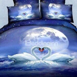 New Arrival Romantic Beautiful Couple Swan Realistic 3D Printed 4 Piece Bedding Sets