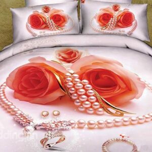 New Arrival Shining Heart Shape Pearl Ring and Rose Flower 3D Printed 4 Piece Bedding Sets