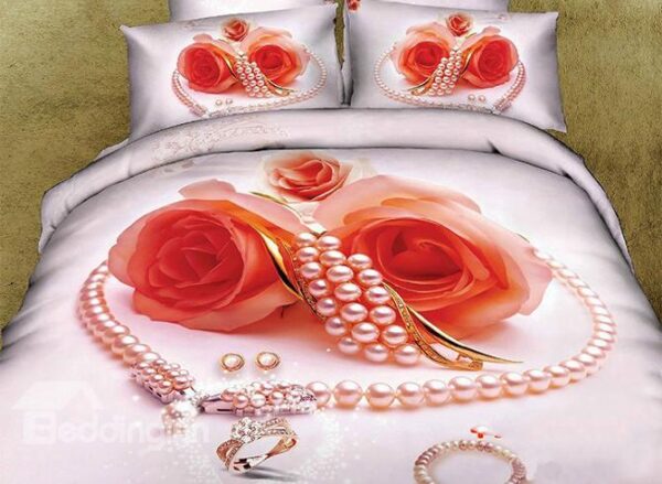New Arrival Shining Heart Shape Pearl Ring and Rose Flower 3D Printed 4 Piece Bedding Sets