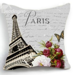 New Arrival Beautiful Paris Eiffel Tower and Flowers Print Throw Pillow
