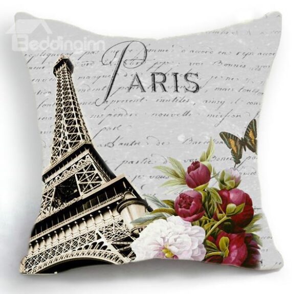 New Arrival Beautiful Paris Eiffel Tower and Flowers Print Throw Pillow