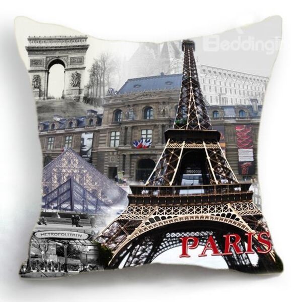 New Arrival Beautiful Paris Eiffel Tower and City Print Linen Throw Pillow
