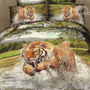 New Arrival High Quality Jumping Tiger in Water Print 4 Piece Bedding Sets