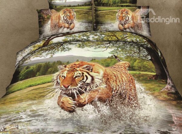 New Arrival High Quality Jumping Tiger in Water Print 4 Piece Bedding Sets