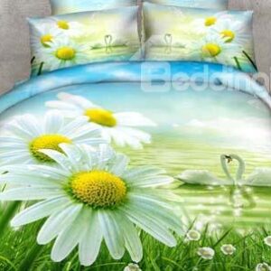 New Arrival 100% Cotton Beautiful Daisy and Swans Print 4 Piece Bedding Sets
