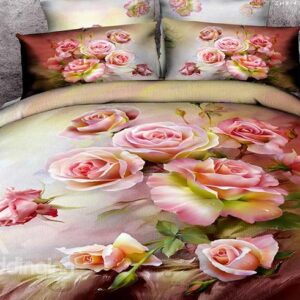 New Arrival 100% Cotton Beautiful Pink Color Roses Print 4 Piece Bedding Sets
