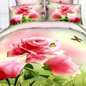 New Arrival High Quality Beautiful Pink Roses and Butterfly Print 4 Piece Bedding Sets