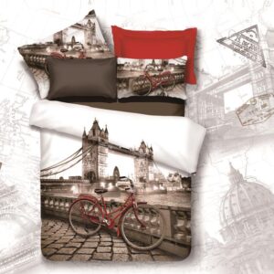 New Arrival High Quality Colorful London Tower Bridge and Bicycle Print 4 Piece Bedding Sets