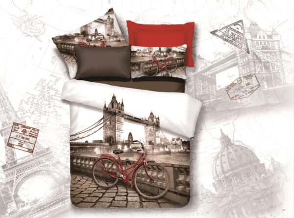 New Arrival High Quality Colorful London Tower Bridge and Bicycle Print 4 Piece Bedding Sets