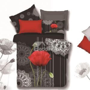 New Arrival High Quality Elegant Red Flower and Two Buds Print 4 Piece Bedding Sets