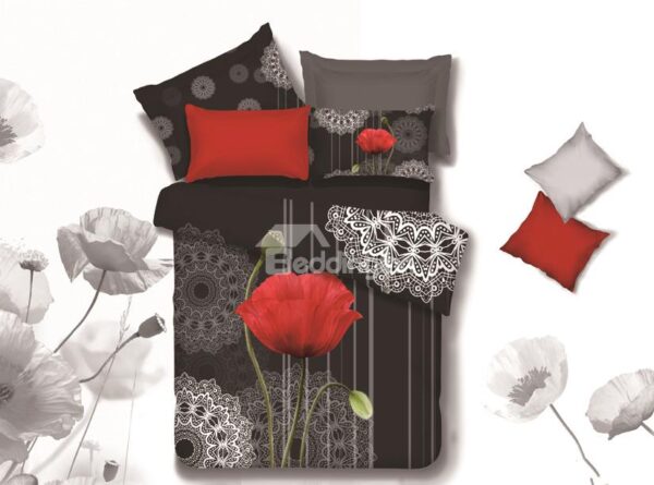 New Arrival High Quality Elegant Red Flower and Two Buds Print 4 Piece Bedding Sets