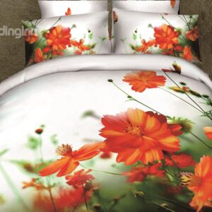 New Arrival High Quality Elegant Orange Color Flowers Print 4 Piece Bedding Sets