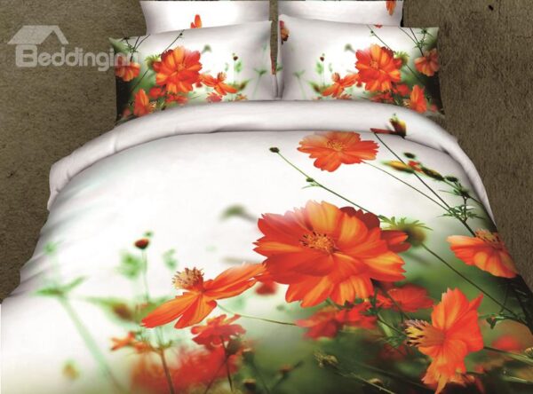 New Arrival High Quality Elegant Orange Color Flowers Print 4 Piece Bedding Sets