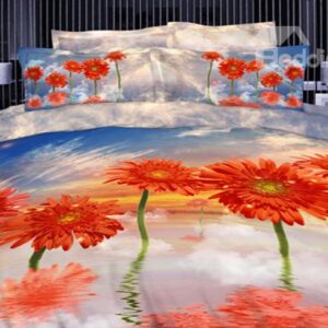 New Arrival 100% Cotton Beautiful Blue Sky Orange Flowers Print 4 Piece Bedding Sets
