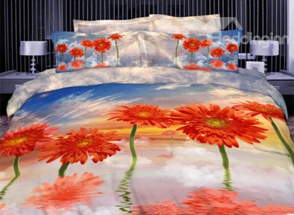 New Arrival 100% Cotton Beautiful Blue Sky Orange Flowers Print 4 Piece Bedding Sets