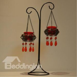 Vintage Morocco Wrought Iron Candle Holder withTwo Wine Red Glass Head