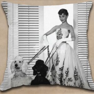 New Arrival Graceful Audrey Hepburn in White Dress Holding Leashes Print Throw Pillow