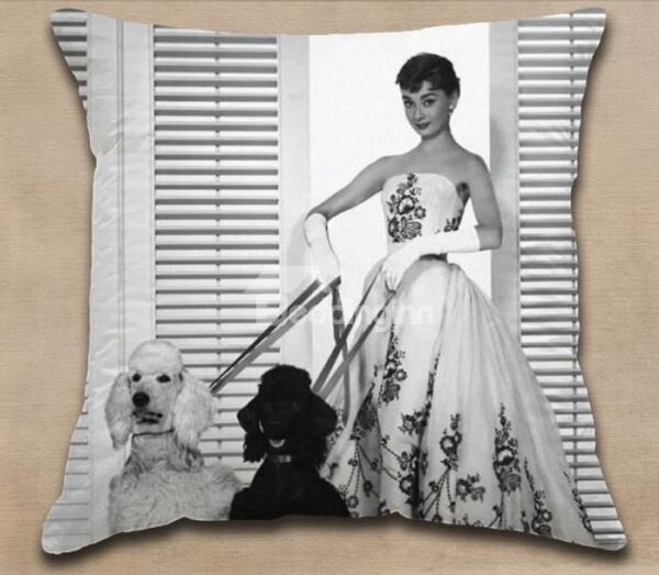 New Arrival Graceful Audrey Hepburn in White Dress Holding Leashes Print Throw Pillow