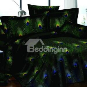 Pastoral Green 4-Piece Peacock Feathers Printed All Cotton Bedding Sets