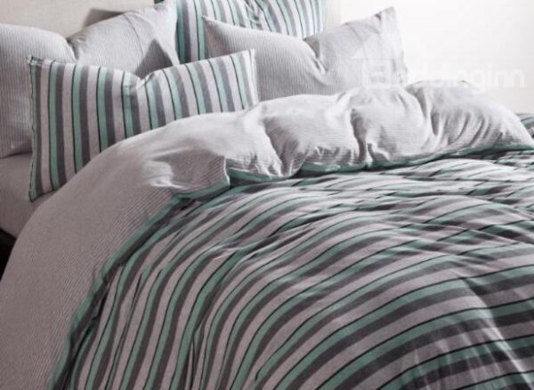New Arrival Lovely Green Stripes Print Kintting Cotton Bedding Sets with Fitted Sheet