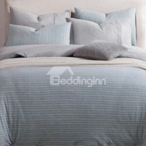 New Arrival Sweet Light Green Stripes Print Kintting Cotton Bedding Sets with Fitted Sheet